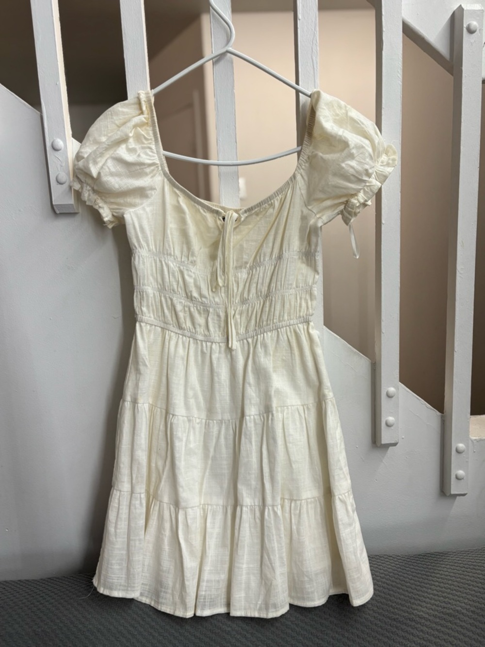 SHEIN Off-White Smocked Puff Sleeve Tiered Milkmaid Mini Dress - Size XS